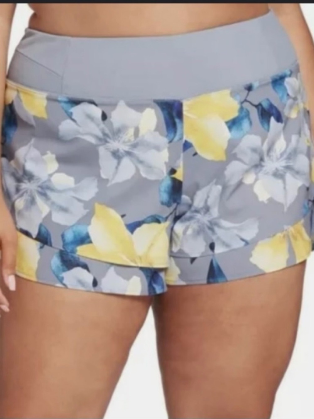 CALIA by Carrie Underwood Gray Floral Athletic Shorts with Yellow & Blue Accents